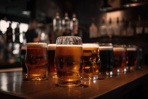 Pile de verres remplis de bière pression prête à être servie au bar créé avec générative ai