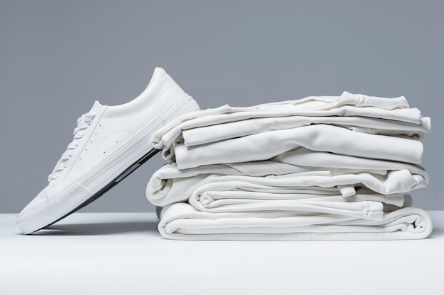 Pile de vêtements blancs et de baskets élégantes sur fond gris