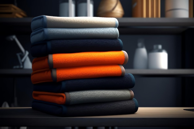 Une pile de vêtements bleus et orange est posée sur une table dans une pièce avec une bouteille de peinture blanche.