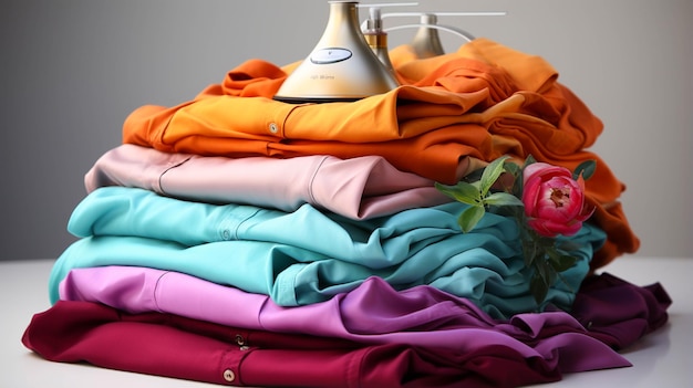 Pile de vêtements colorés et fer électrique sur fond blanc