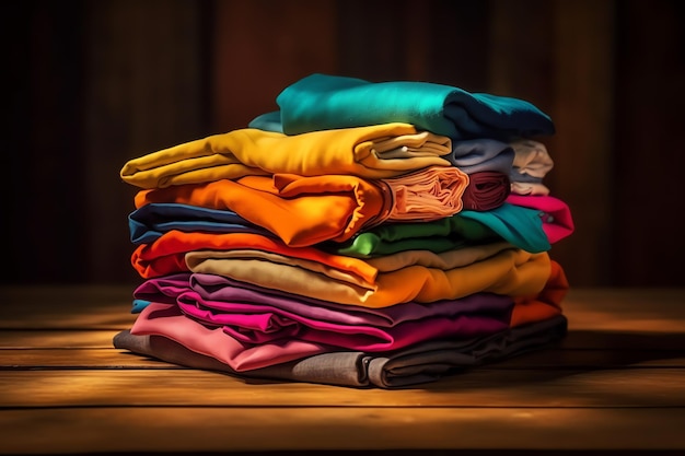 Une pile de vêtements colorés sur une table en bois