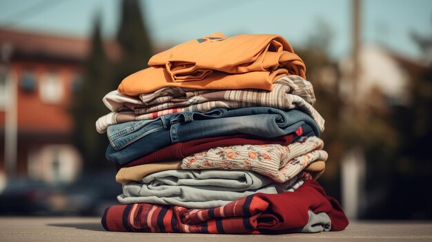 Photo une pile de vêtements de coton divers pour la charité en plein air photo de haute qualité