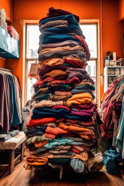 Pile de vêtements avec des étiquettes de vente dans un magasin créé avec l'IA générative