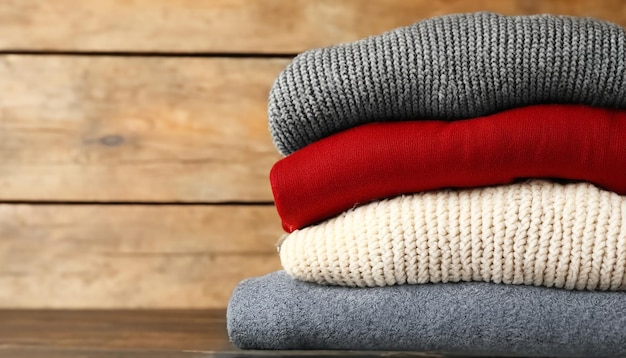 Pile de vêtements d'hiver tricotés sur des pulls à fond en bois espace de tricot pour le texte