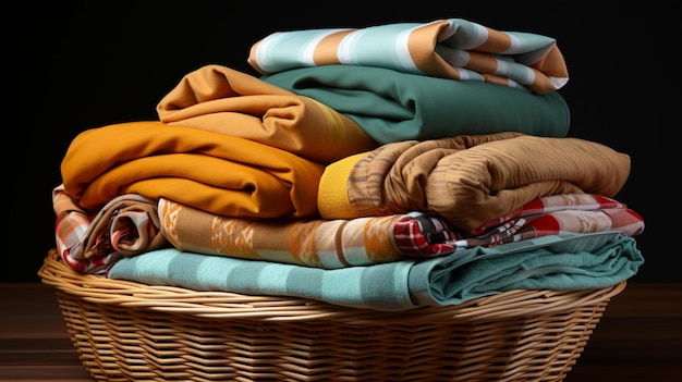 Photo une pile de vêtements propres et un panier en osier avec du linge propre isolé sur un fond transparent