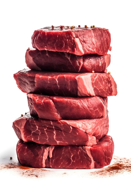 Une pile de viande de boeuf sur un fond blanc