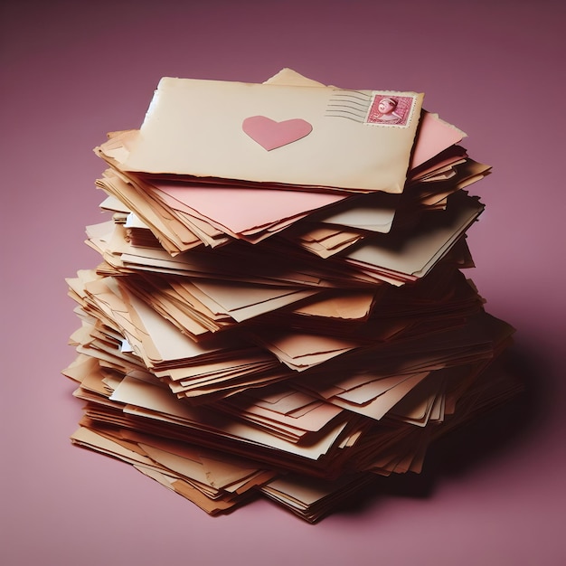 Une pile de vieilles lettres d'amour est isolée sur un fond de prune simple évoquant la nostalgie et la romance