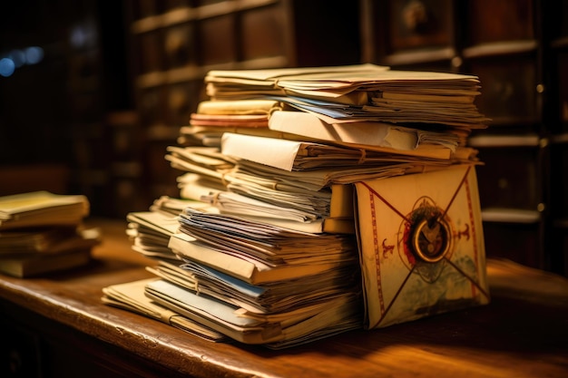 Pile de vieux courrier sur une étagère en bois