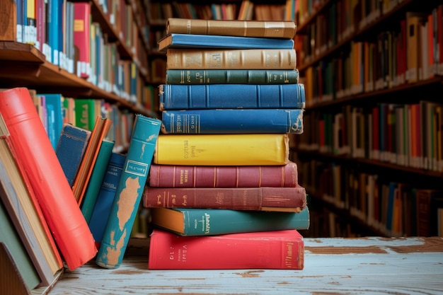 Une pile de vieux livres dans une bibliothèque avec des étagères à l'arrière-plan