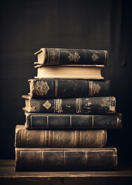 Pile de vieux livres sur une étagère en bois sur fond sombre