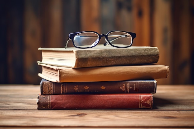 Pile de vieux livres avec des lunettes sur une table en bois Concept éducatif Une pile vintage de cinq vieux livres en cuir marron avec des lunettes sur une table en bois AI générée