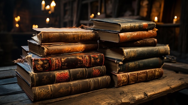 Pile de vieux livres sur une table en bois dans une salle de bibliothèque