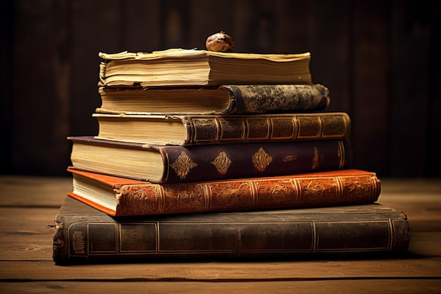 Photo une pile de vieux livres sur une table en bois vintage