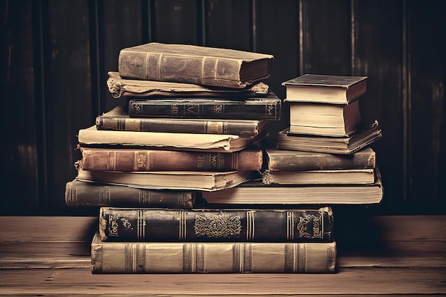 Photo une pile de vieux livres sur une table en bois.