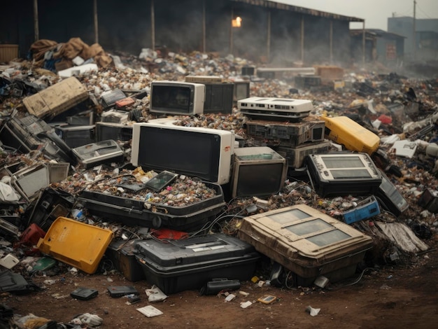 une pile de vieux téléviseurs et autres appareils électroniques dans une casse