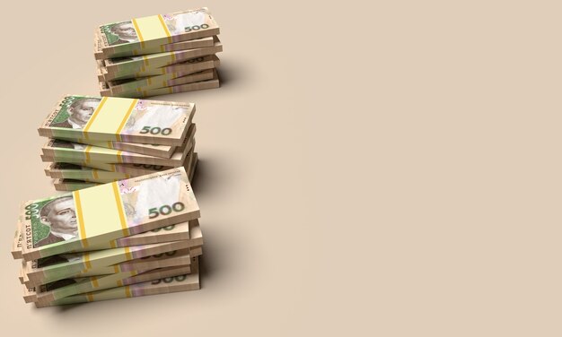 Des piles d'argent ukrainien avec 500 billets