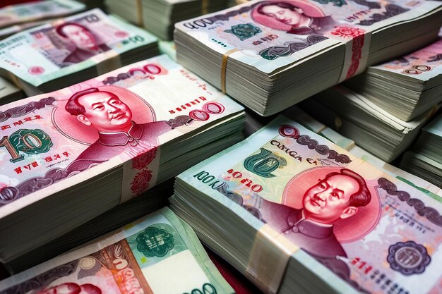 Photo piles de billets de banque chinois également connus sous le nom de renminbi ou rmb