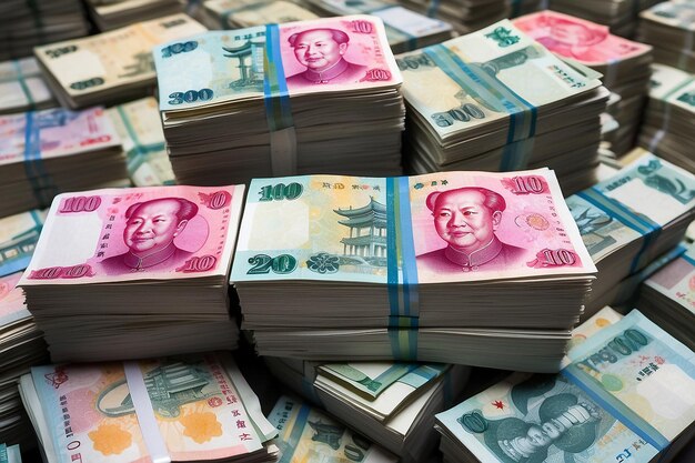 Photo piles de billets de banque chinois également connus sous le nom de renminbi ou rmb