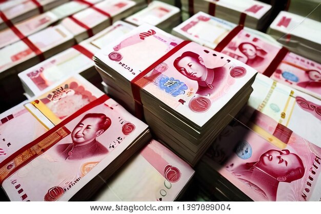 Photo piles de billets de banque chinois également connus sous le nom de renminbi ou rmb