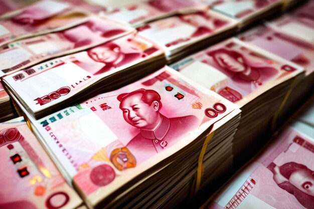 Photo piles de billets de banque chinois également connus sous le nom de renminbi ou rmb