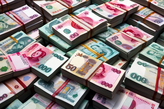 Photo piles de billets de banque chinois également connus sous le nom de renminbi ou rmb