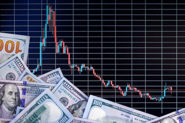 Piles de billets en dollars américains sur écran numérique avec dépréciation et volatilité du graphique d'échange