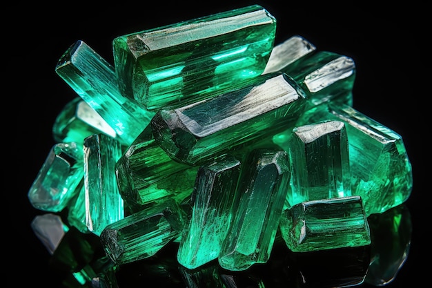 Piles d'émeraudes cristaux verts pierres précieuses coûteuses gros plan verts diamants brillants minéraux fantastiques illustration générative AI