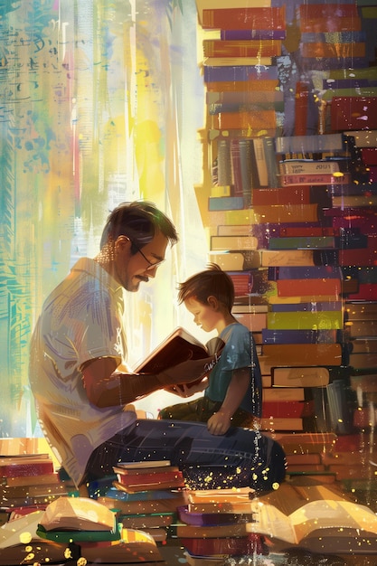 Des piles de livres avec un père qui lit à son fils