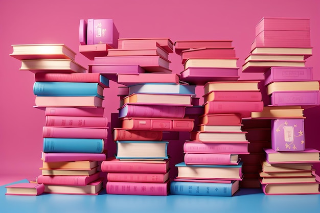 Des piles de livres roses sur un fond bleu