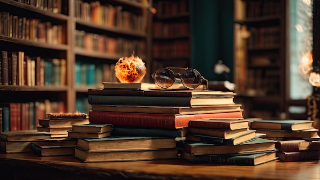 Des piles de livres sur une table en bois