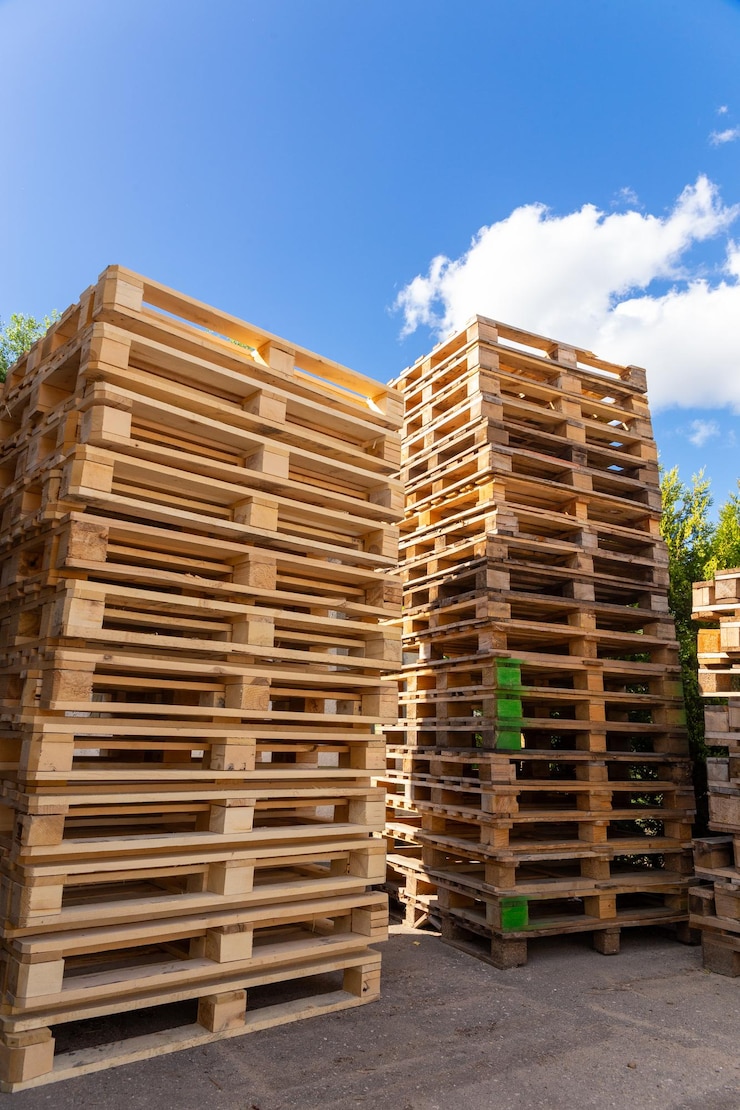 Photo piles de palettes d'expédition en bois naturel empilées