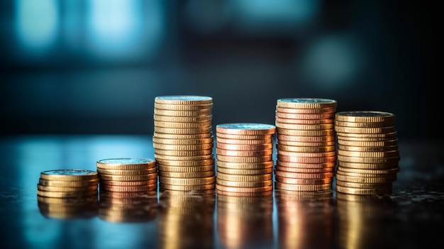 Piles de pièces assises sur fond de graphique financier bleu