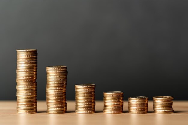 Des piles de pièces d'épargne disposées dans l'ordre sur une table de travail en bois ou de hautes tours de pièces de monnaie représentent la richesse