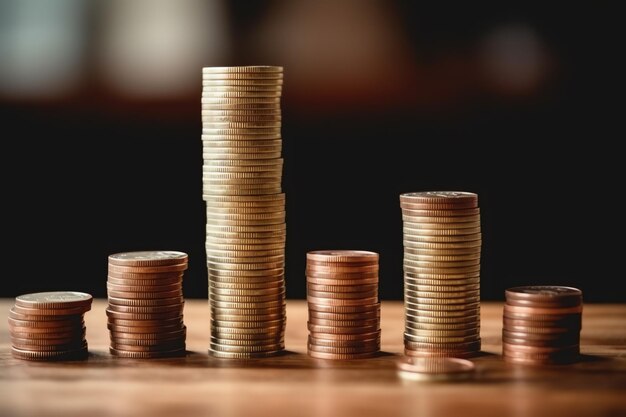 Des piles de pièces d'épargne disposées dans l'ordre sur une table de travail en bois ou de hautes tours de pièces de monnaie représentent la richesse