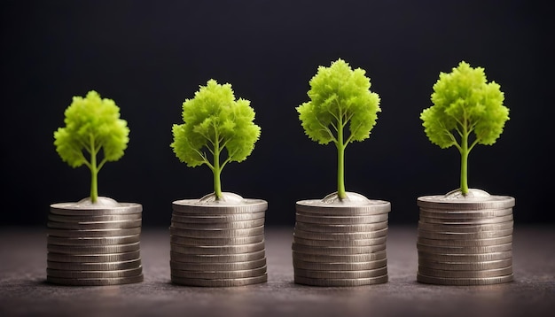 Des piles de pièces avec une plante verte poussant du centre