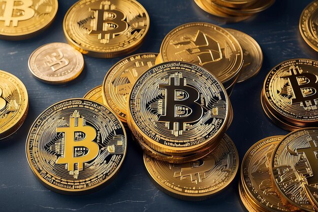 Des piles de pièces avec le symbole de la crypto-monnaie bitcoin