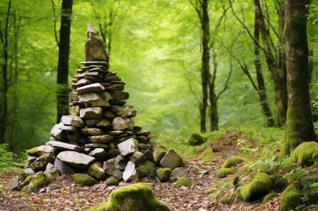 Des piles de pierres disposées dans une forêt paisible.