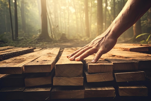 Des piles de planches de bois dans une forêt Geenrative AI