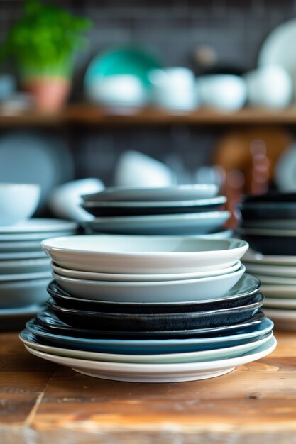 Des piles de plats de dîner propres sur un comptoir de cuisine en bois