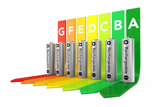 Piles rechargeables sur tableau d'évaluation de l'efficacité énergétique sur fond blanc. Rendu 3D.