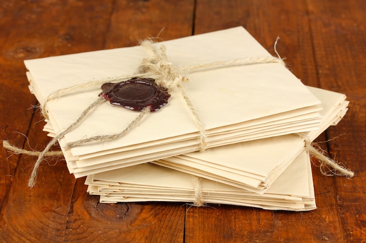 Photo des piles de vieilles lettres sur une table en bois