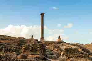 Photo pilier de pompée colonne antique et sphinx sur la colline dans le contexte d'un ciel bleu nuageux alexandrie egypte