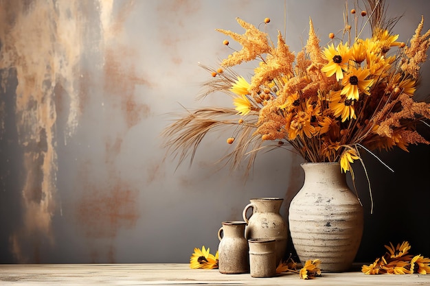 Épillets et fleurs orange sur fond de béton gris miteux copiez l'espace pour le texte AI générative