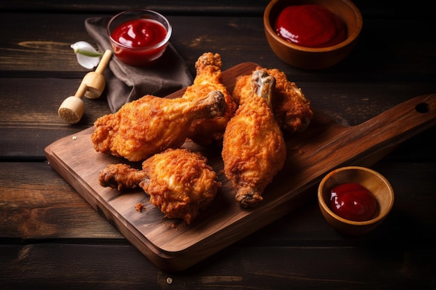 Pilon de poulet frit et ketchup sur fond de bois