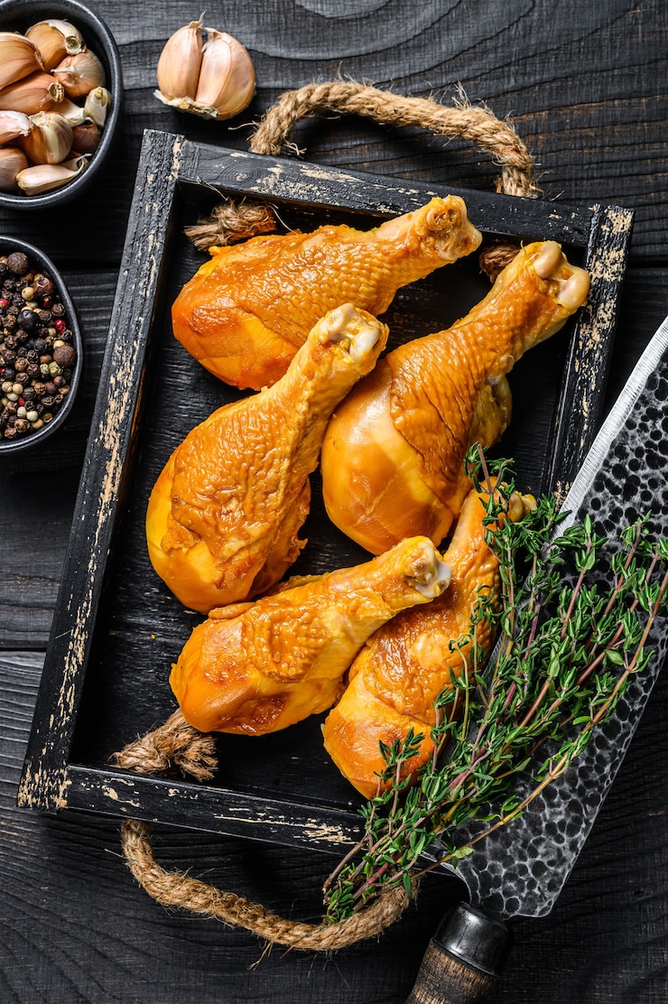 Photo pilons de cuisse de poulet fumé aux herbes et épices.