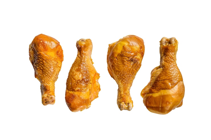 Photo pilons de cuisse de poulet fumé sur une table de cuisine isolé sur fond blanc