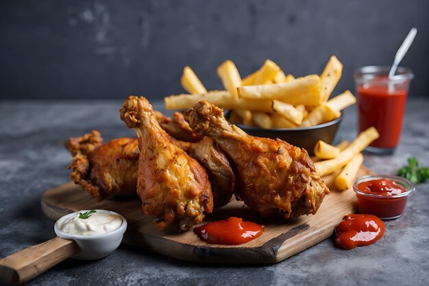 Pilons de poulet frit à angle élevé avec ketchup et frites