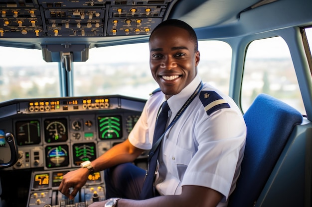 Un pilote africain d'un vol international de passagers assis dans le cockpit d'un avion