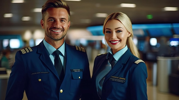 Pilote d'avion de ligne et hôtesse de l'air debout dans le terminal de l'aéroport