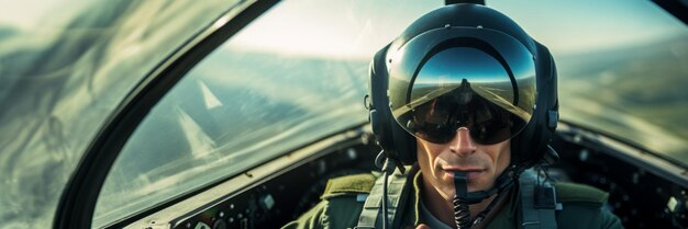 Pilote d'avion militaire en gros plan avec casque IA générative